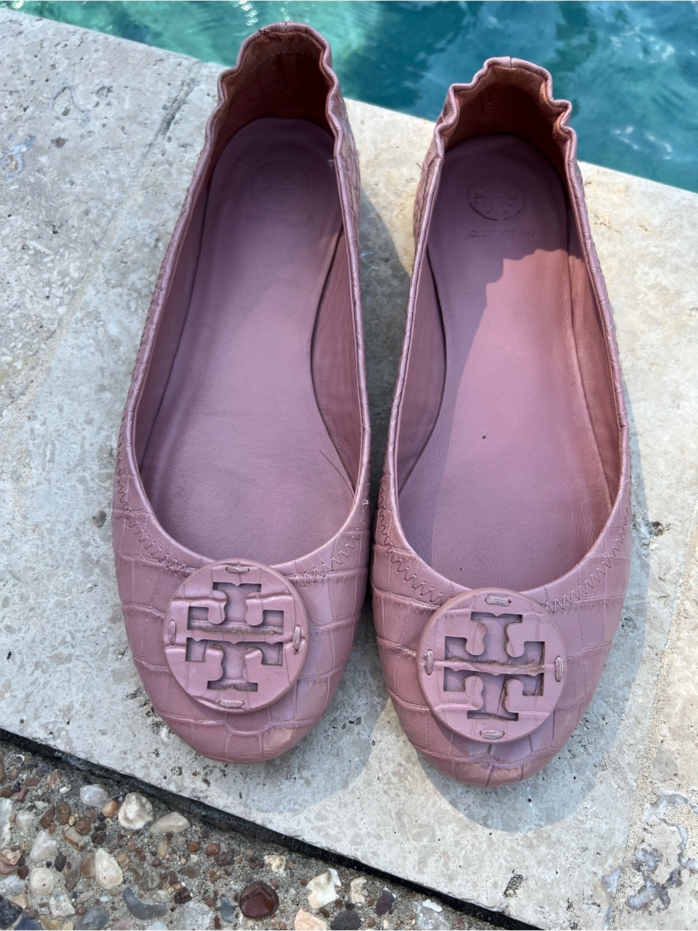 Tory Burch Pink Croc-Embossed Ballet Flats